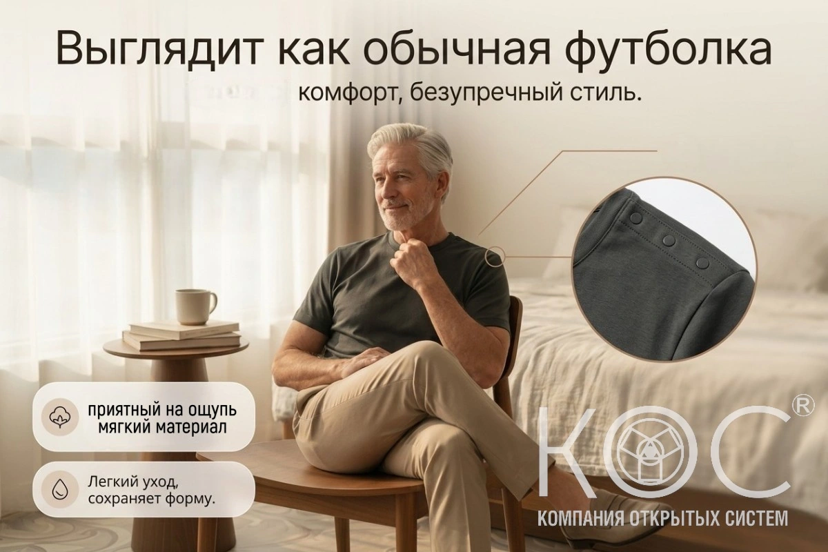 Адаптивная футболка кнопки по плечевым швам, мужская — фото 3
