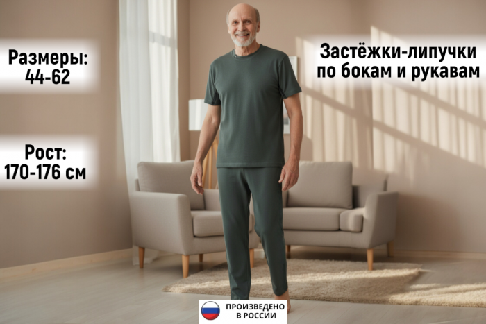 Адаптивный костюм футболка кнопки по плечевым швам+брюки, мужской